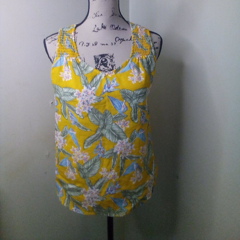 Falls Creek Blouse Women S Sleeveless Smocked Floral Tropical Yellow Green